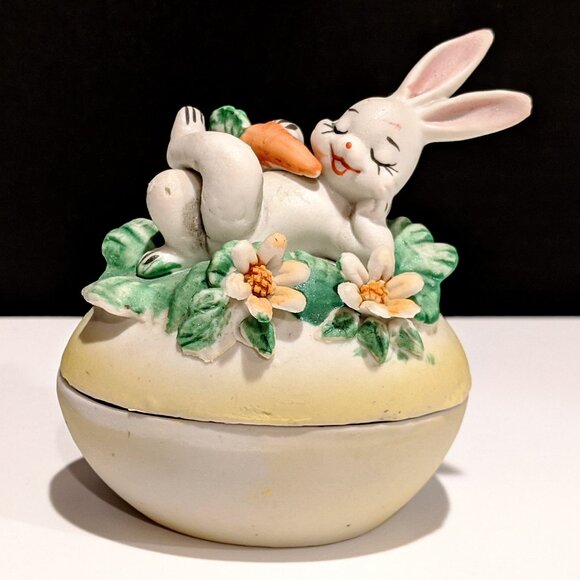 Lefton Ceramic Bunny in Flowers Trinket Box - Picture 1 of 7